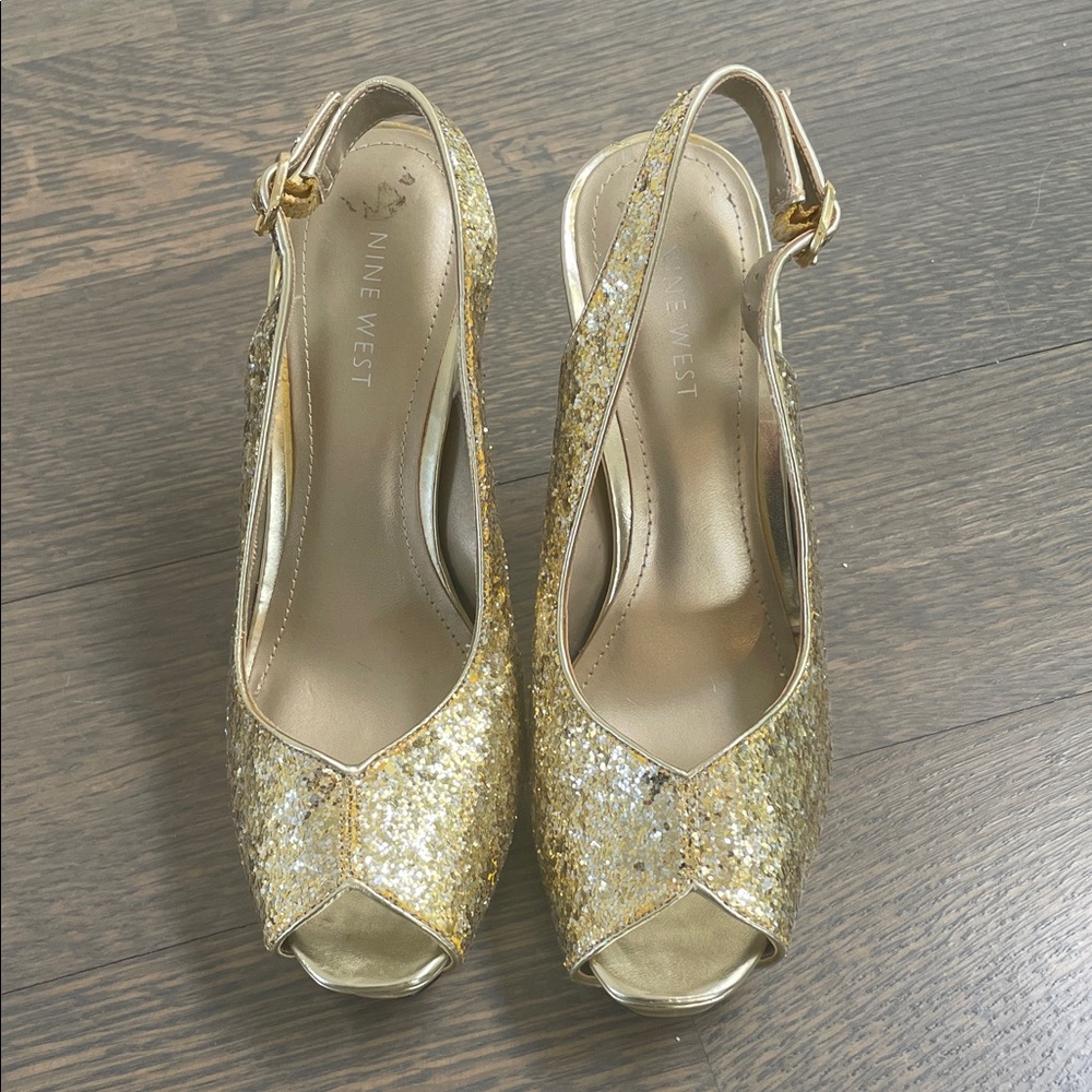 Nine West Sparkling Gold Peep-Toe Heels